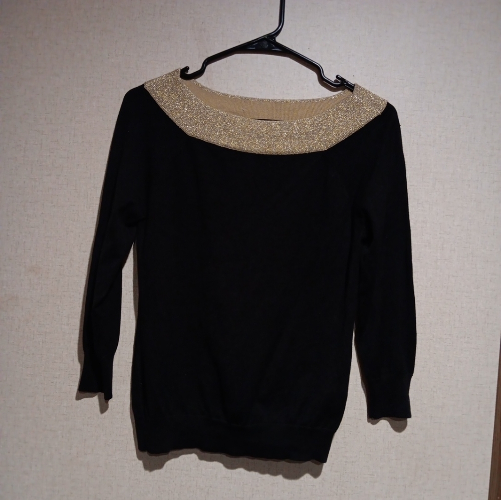 Ralph Lauren Silk Blend Black Knit Top w Gold Knit Neckline sz Xs
